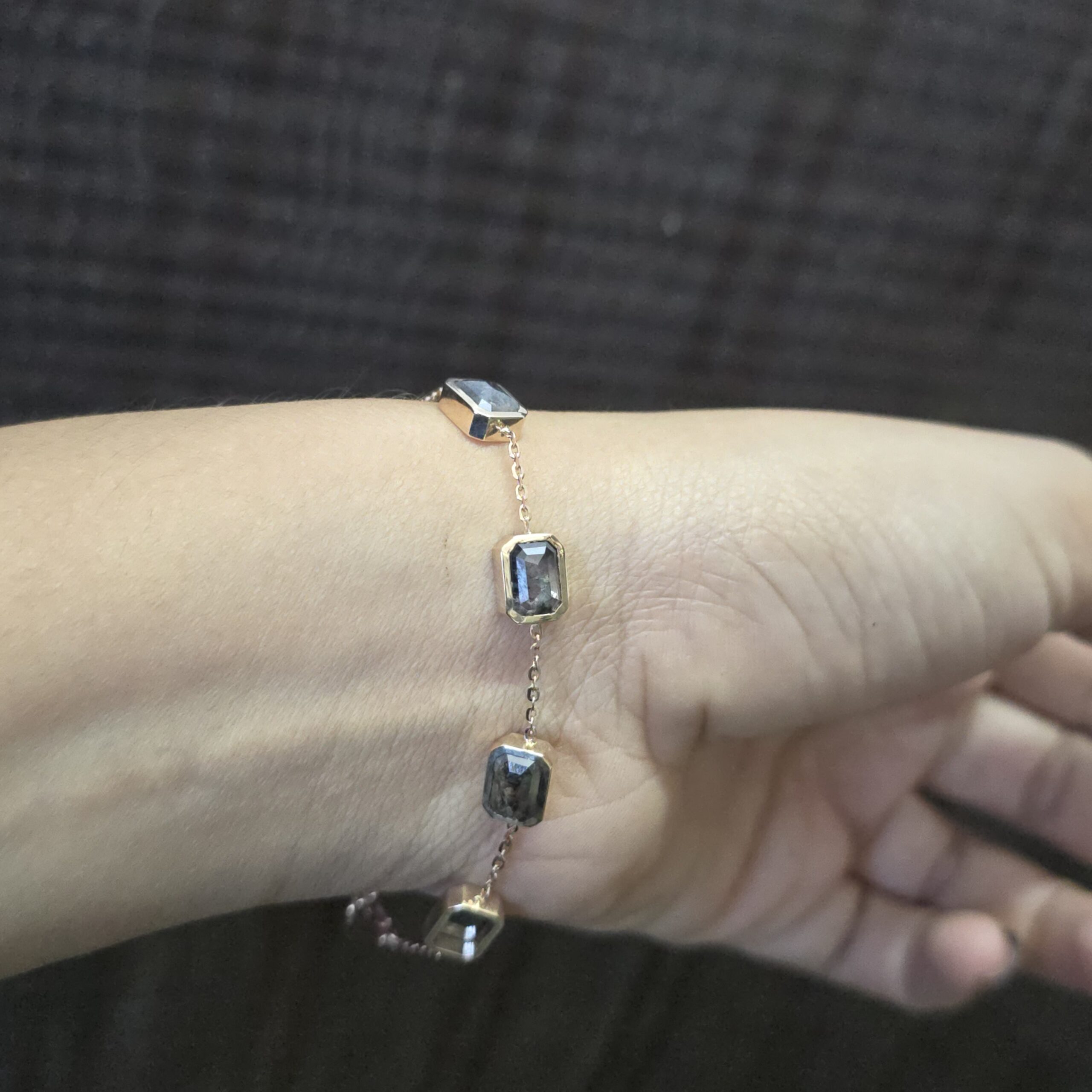 Raw Diamond Bracelet | Rose Gold Emrald Cut Bracelet | Dainty Handmade Jewelry | Salt and pepper Diamond Gift for Her