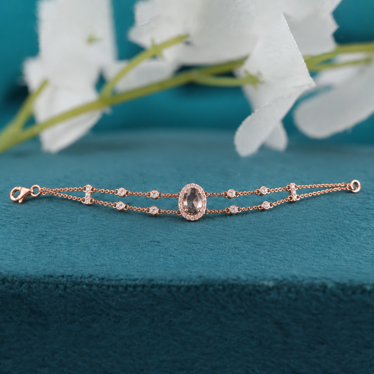 Double Chain Oval Cut Diamond Bracelet | 10K Gold Plated | Dainty Jewelry Gift for Women