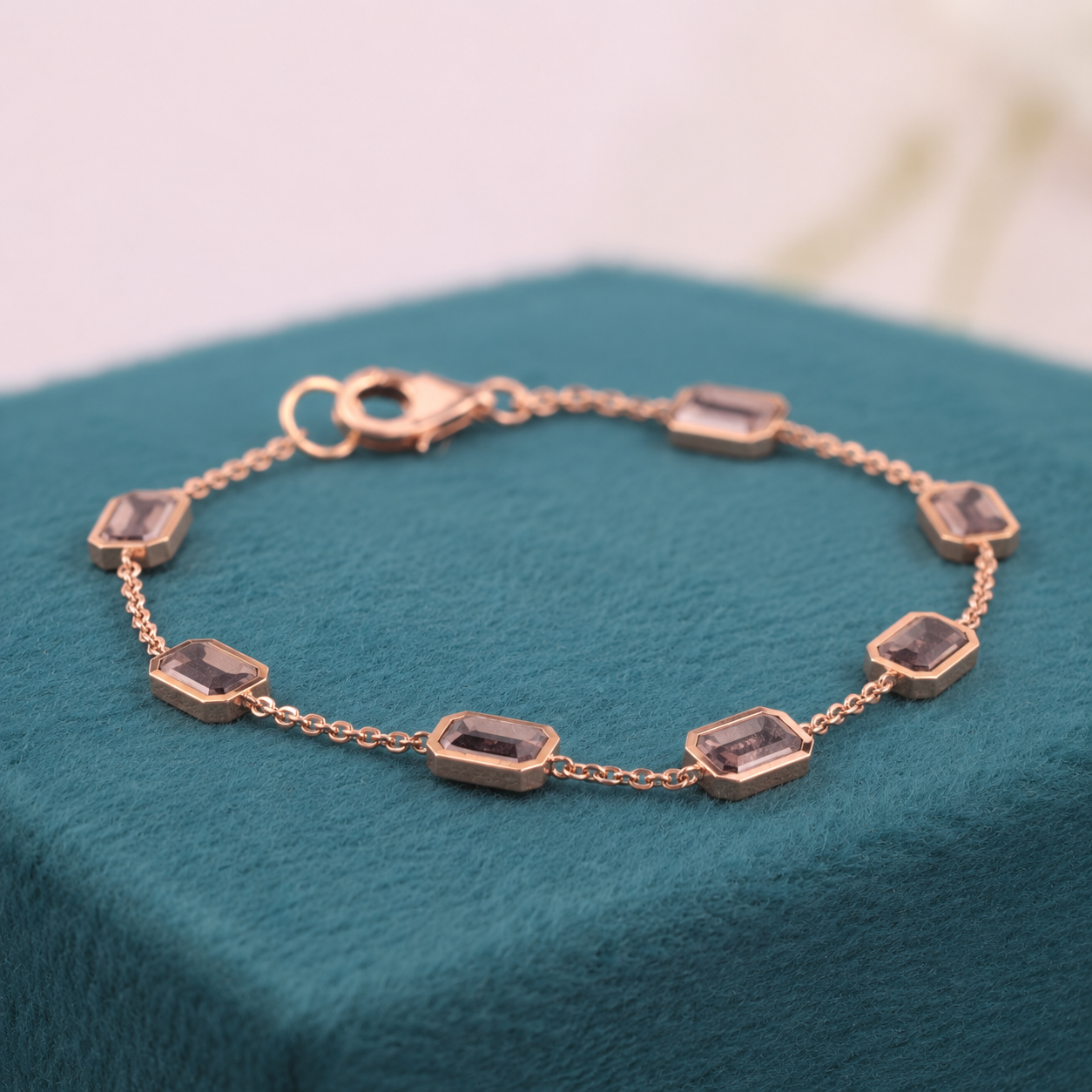 Raw Diamond Bracelet | Rose Gold Emrald Cut Bracelet | Dainty Handmade Jewelry | Salt and pepper Diamond Gift for Her
