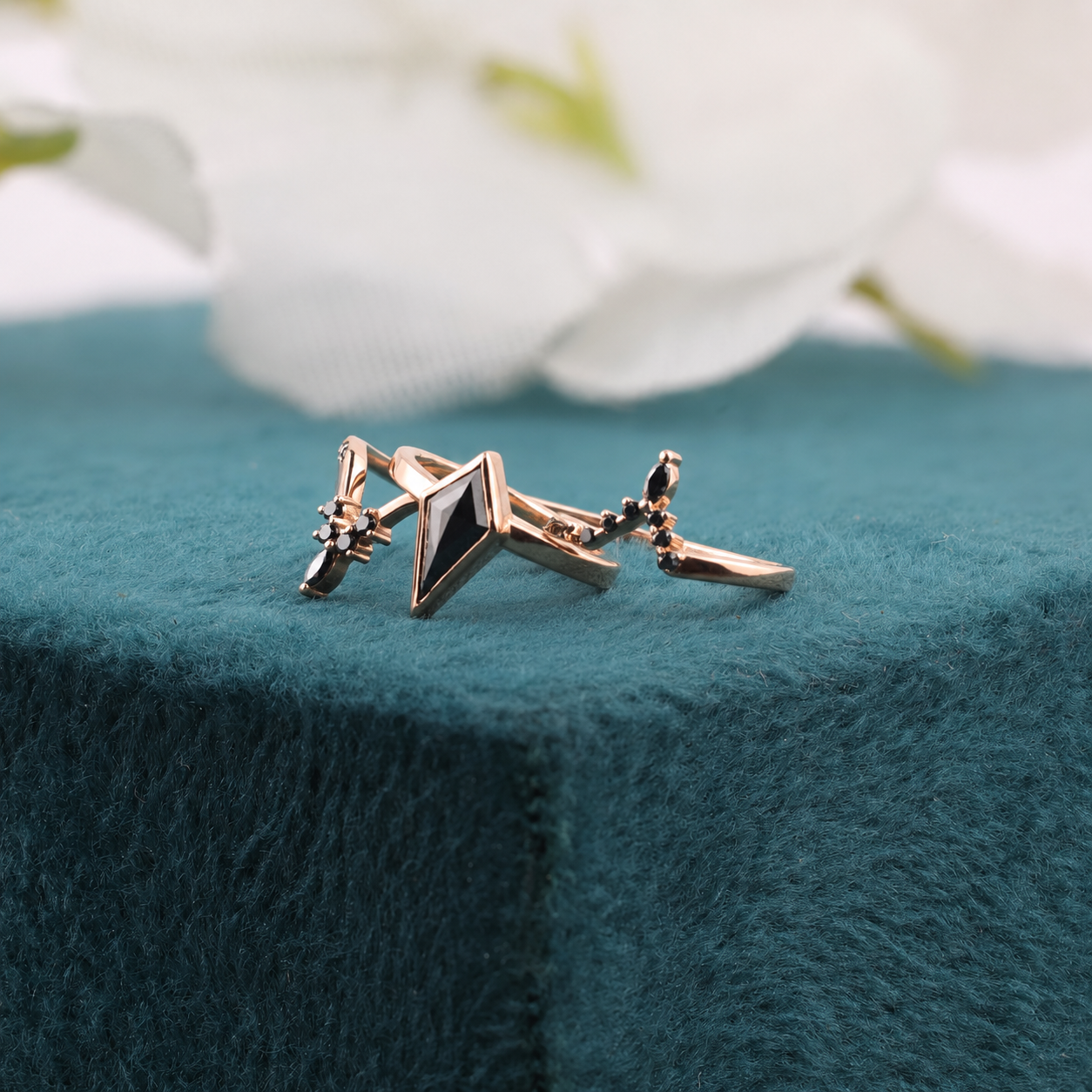 Modern Black Diamond Wedding Ring in Gold – Unique Kite-Cut Alternative Bridal Ring
