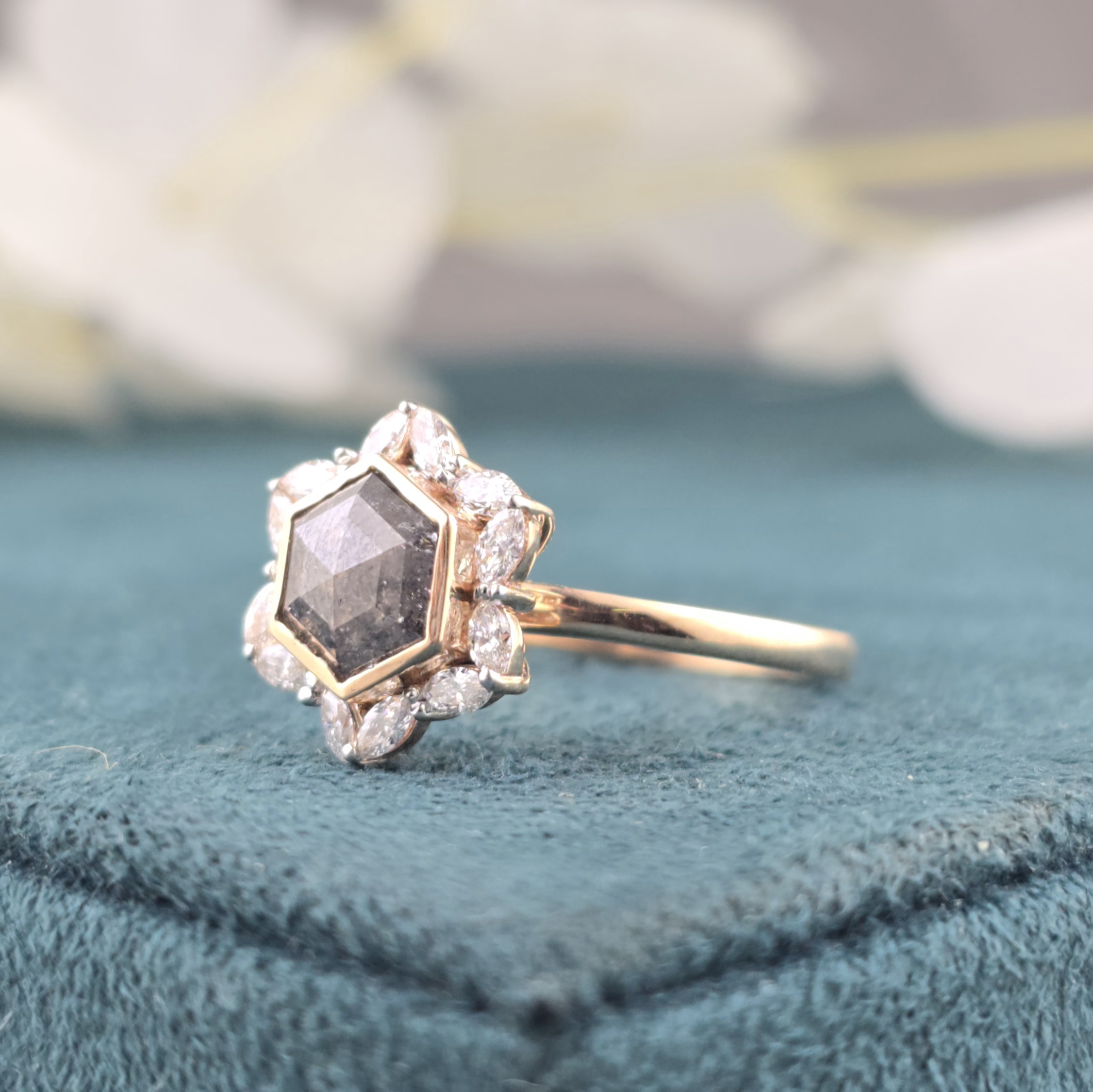 1.20CT Hexagon Diamond Ring, 0.36ct Marquise Side Stone Ring, Unique Hexagon Engagement Ring