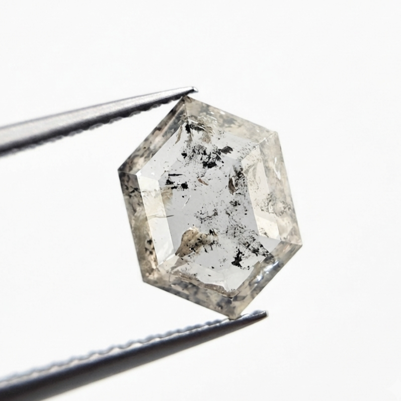 2.86 CT Architectural Elongated Hexagon Cut Natural Salt and Pepper Loose Diamond