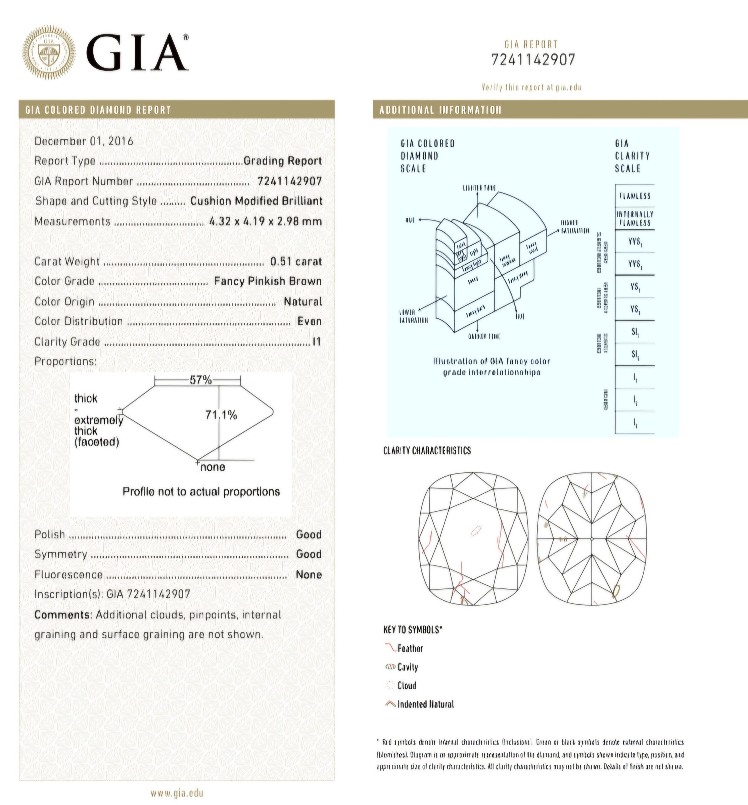 0.51 CT GIA Certified Fancy Pinkish Brown Cushion Cut Natural Loose Diamond