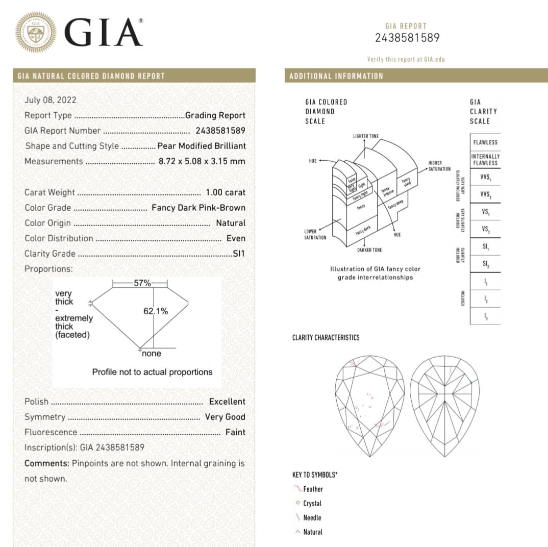 1.00 CT GIA Certified Fancy Dark Pink-Brown Pear Cut Natural Loose Diamond