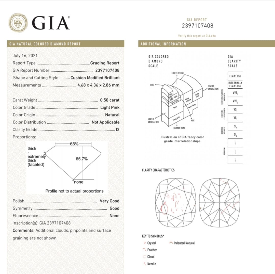 0.50 CT GIA Certified Light Pink Cushion Cut Natural Loose Diamond