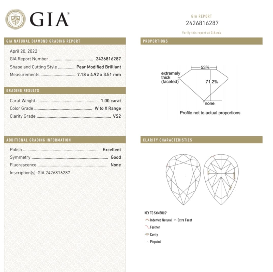 1.00 CT GIA Certified Pear Cut Natural Loose Diamond (W to X Range, VS2)