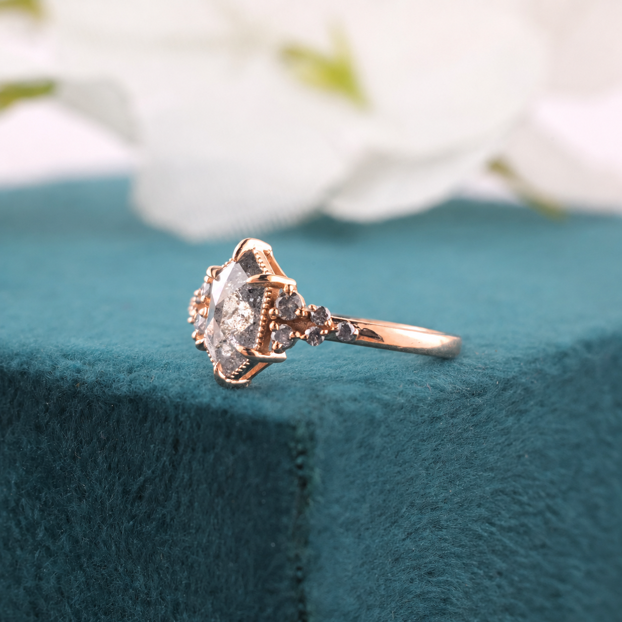 Salt and Pepper Hexagon Diamond Engagement Ring in Gold