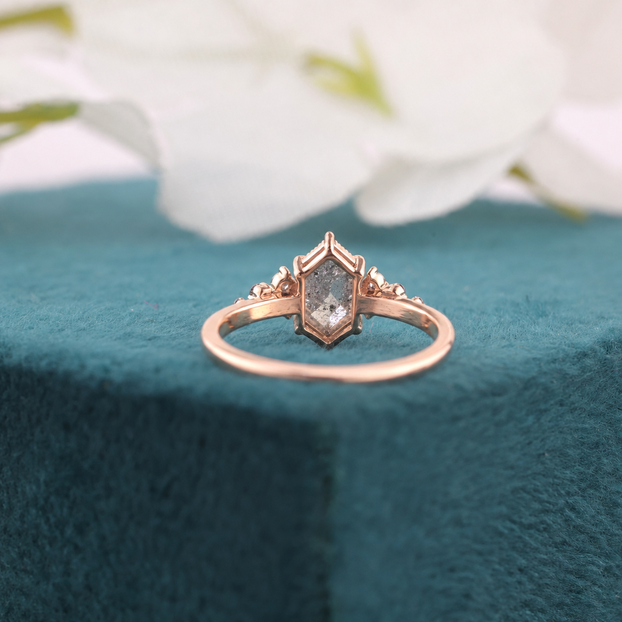 Salt and Pepper Hexagon Diamond Engagement Ring in Gold